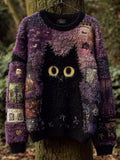 Women's Casual Vintage Halloween Black Cat Embroidered Sweater artswardrobe