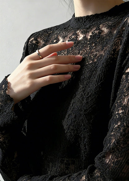 Black Jacquard Hollow Out Lace Top Spring