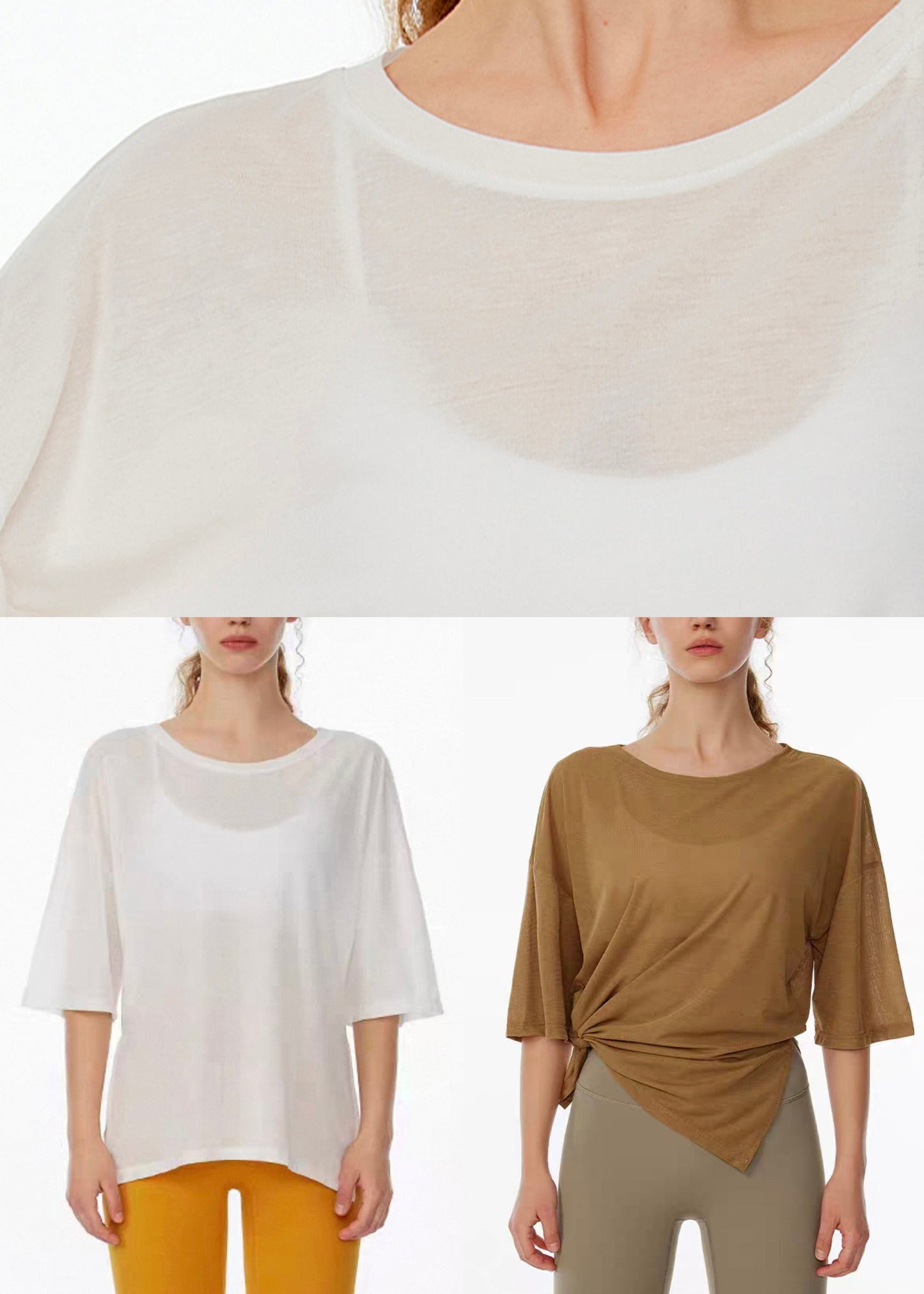 Khaki Patchwork Short Sleeve Smock Yoga Top