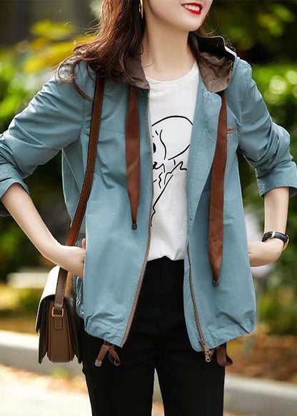 Blue Grey Hooded Zippered Pockets Cotton Coats Fall