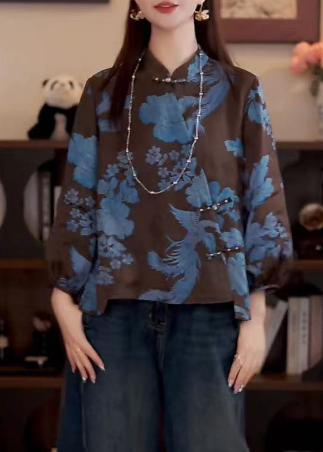Coffee Stand Collar Print Button Cotton Shirt Fall