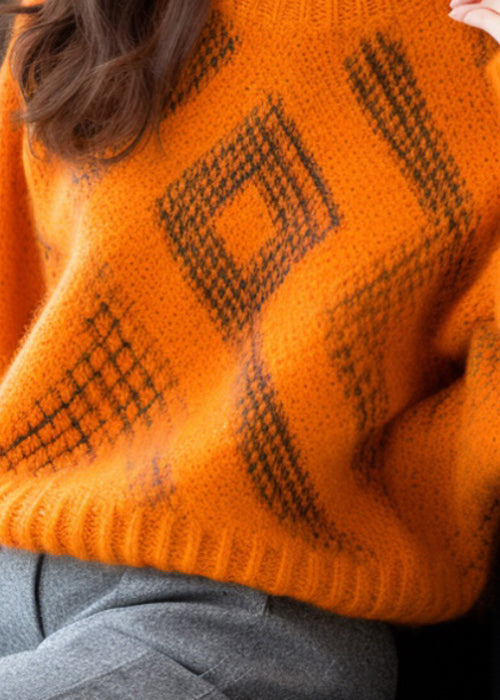 Orange O Neck Cozy Thick Cotton Knit Sweaters Long Sleeve