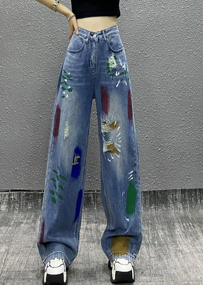 Blue Paintings Pockets High Waist Denim Wide Leg Pants Spring