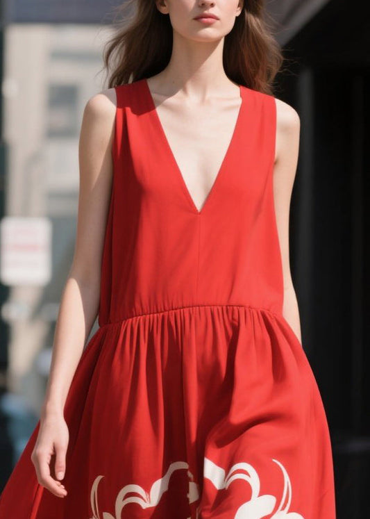 Red Print Chiffon Beach Dress Summer