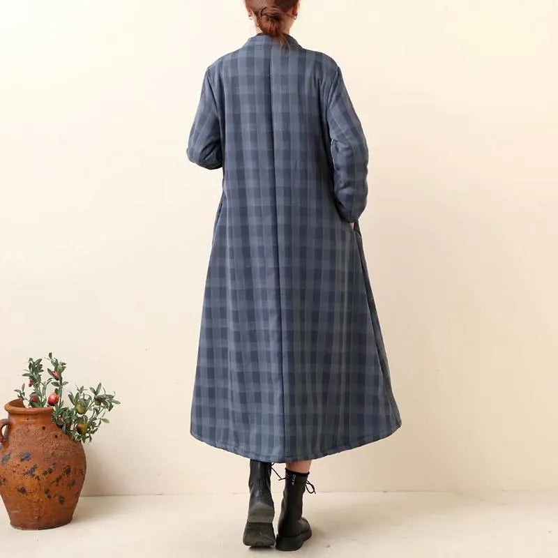 Thick Retro Cotton Linen Plaid Long Coat Dress