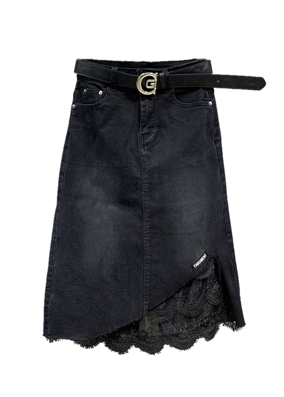 Black Lace Pockets Patchwork Denim Skirt Fall