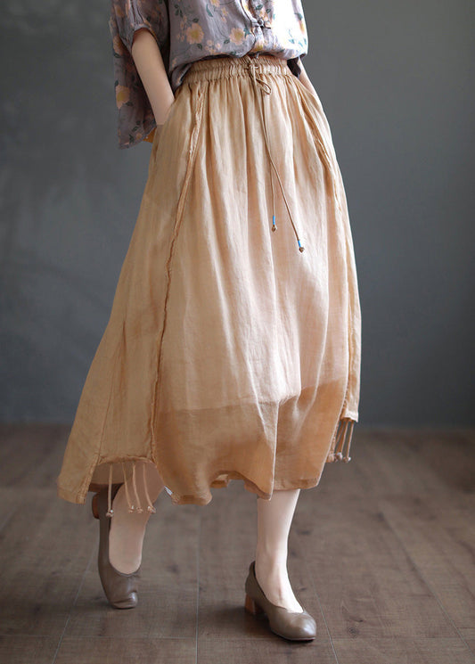 Khaki Patchwork Elastic Waist Ramie a Line Skirts Summer