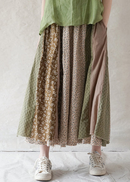 Boutique Green Elastic Waist Print Patchwork Cotton Skirt Spring
