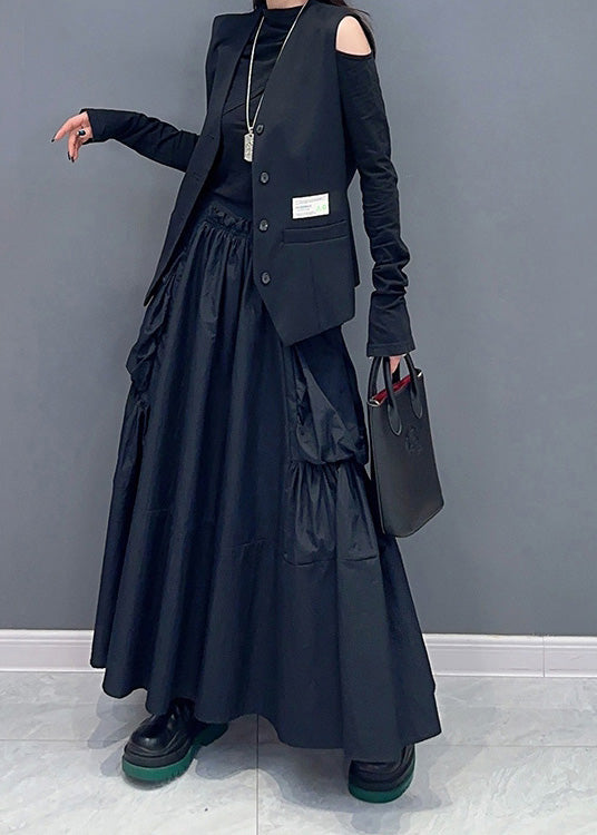 Modern Black Pockets Wrinkled Patchwork Cotton Skirts