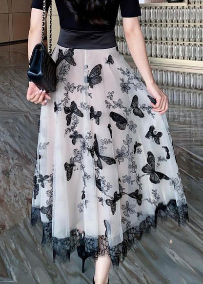 Beige Embroideried Tie Waist Tulle a Line Skirt Summer