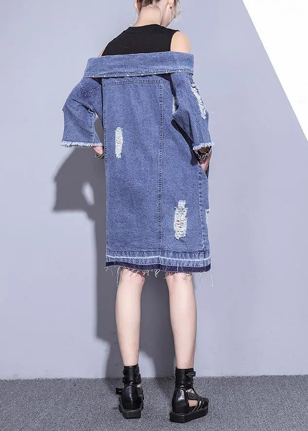 100% Denim Blue Cotton Long Shirts Slash Neck Oversized Summer Dresses