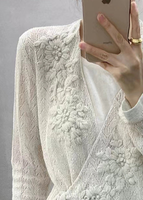 White Lace Up Hollow Out Patchwork Knit Top Fall
