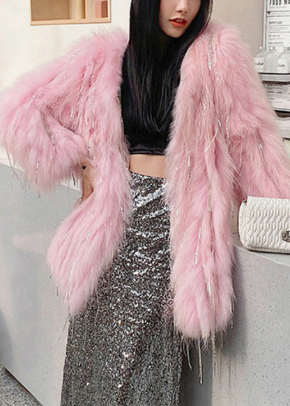 Pink Faux Fur Collar Button Leather and Fur Long Coats Winter