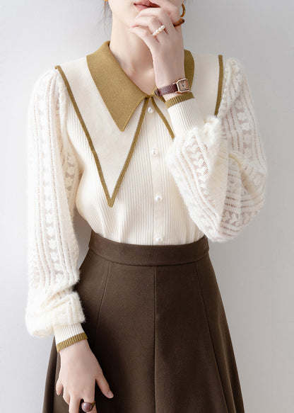 Diy Beige Double-layer Nail Bead Knit Sweater Winter