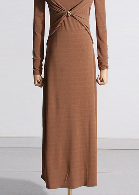 Unique Brown Hollow Out Patchwork Cotton Long Dress Fall