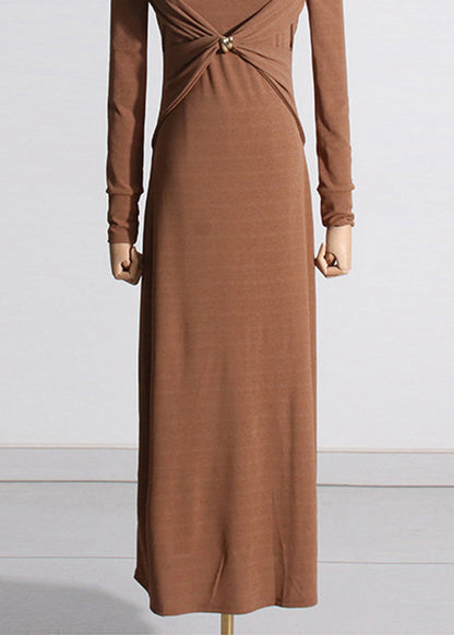 Unique Brown Hollow Out Patchwork Cotton Long Dress Fall