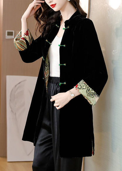 Black Stand Collar Patchwork Button Silk Velour Coat Bracelet Sleeve