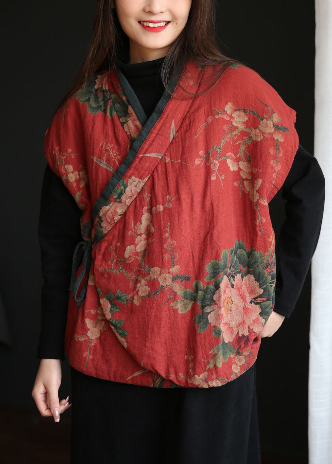 Red Print Tie Waist Fine Cotton Filled Vests Winter