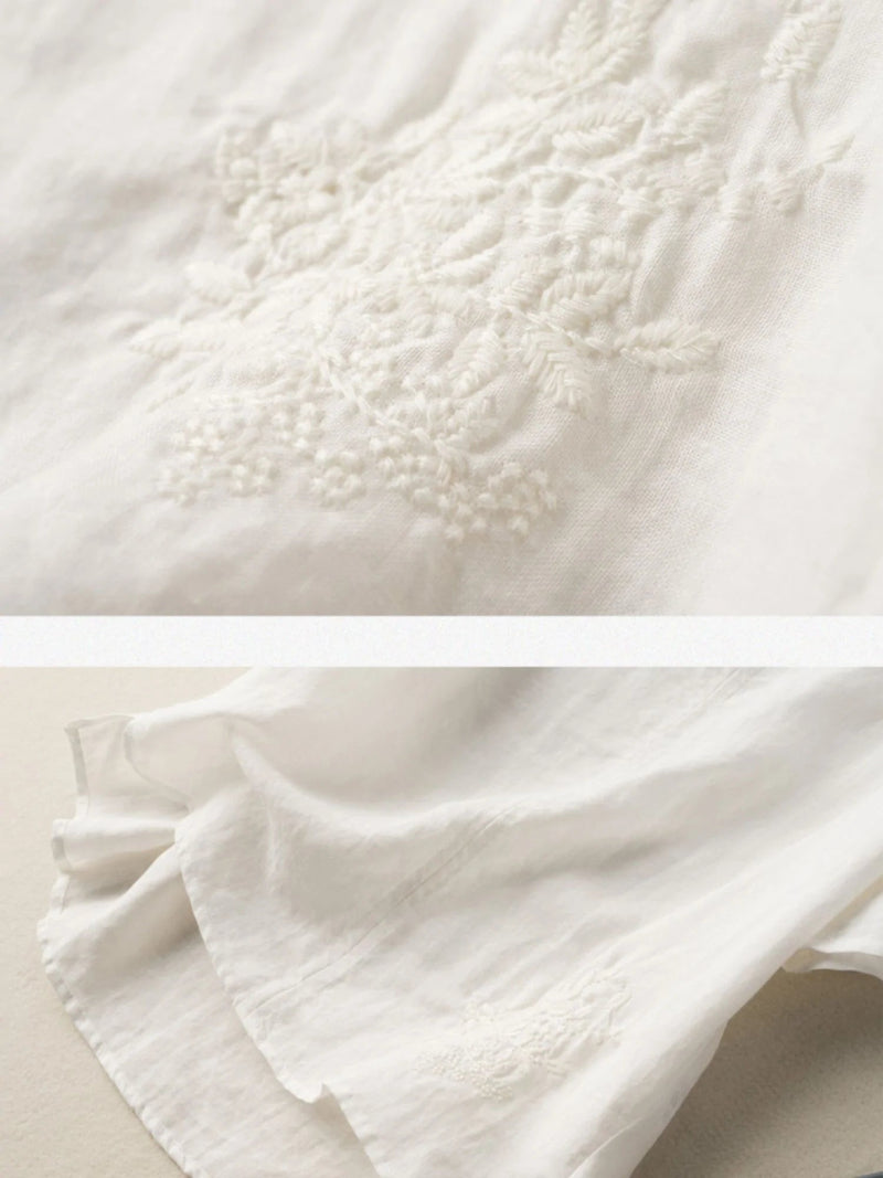 Embroidered Round Neck Short Sleeve Linen Tee Top