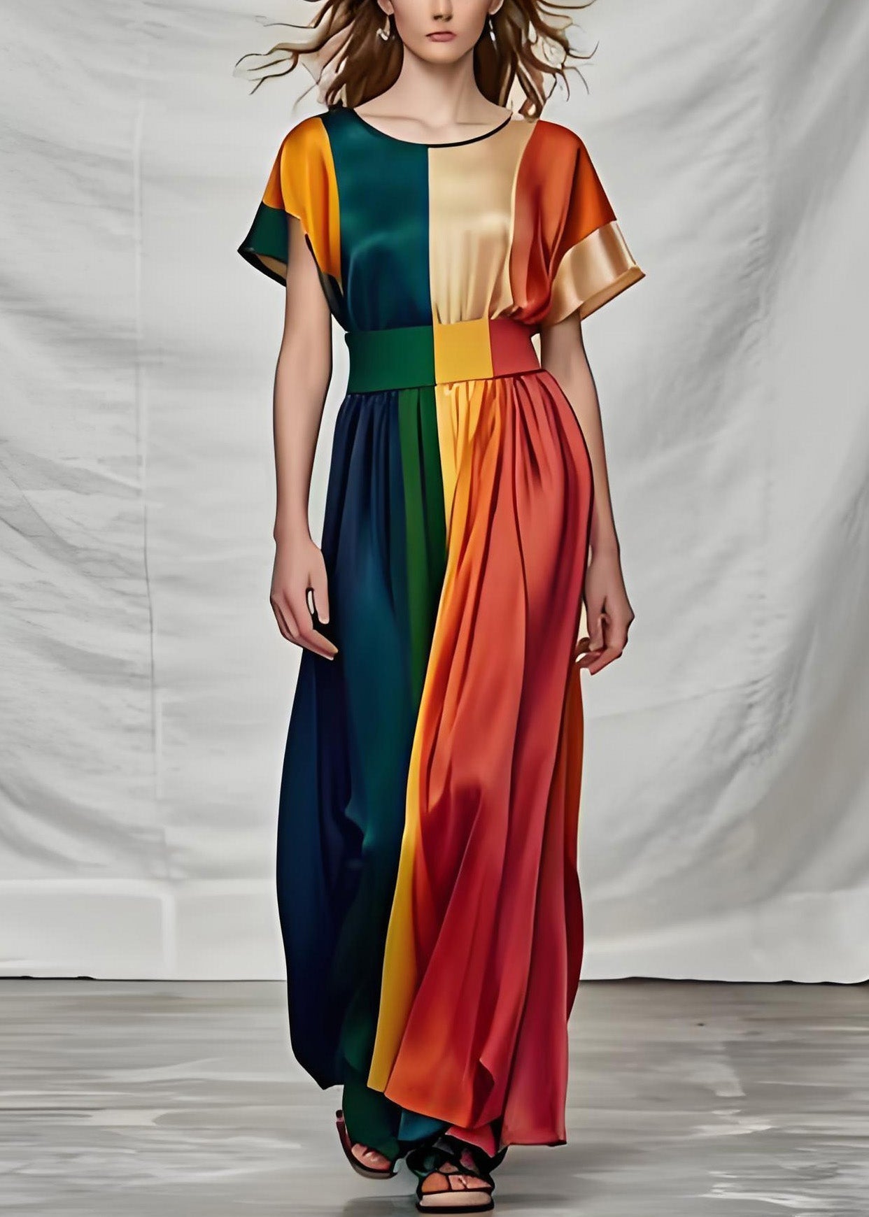 Organic Colorblock O Neck Silk Dress Summer