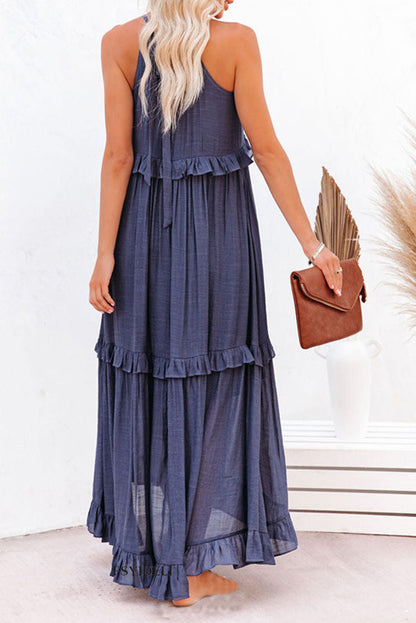 Blue Vittoria Shirred Ruffle Tiered Maxi Halter Dress