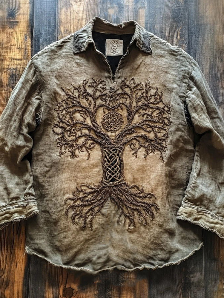 Viking Inspired Tree Of Life Embroidered Vintage Linen Shirt elevenforest
