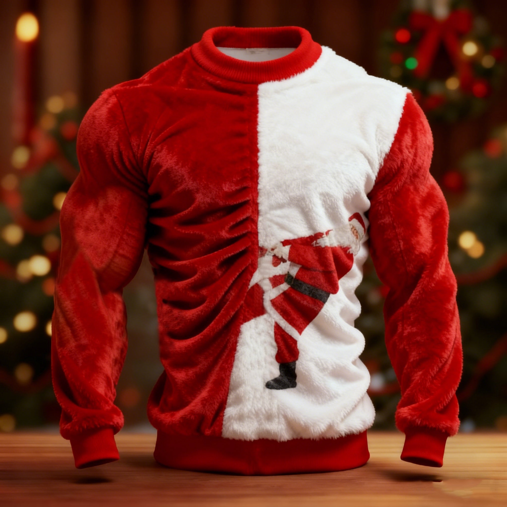 Comstylish Fun Santa Claus Pulling Curtain Color-blocked Plush Sweater
