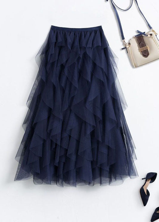 Navy Asymmetrical Patchwork Tulle Skirts Spring