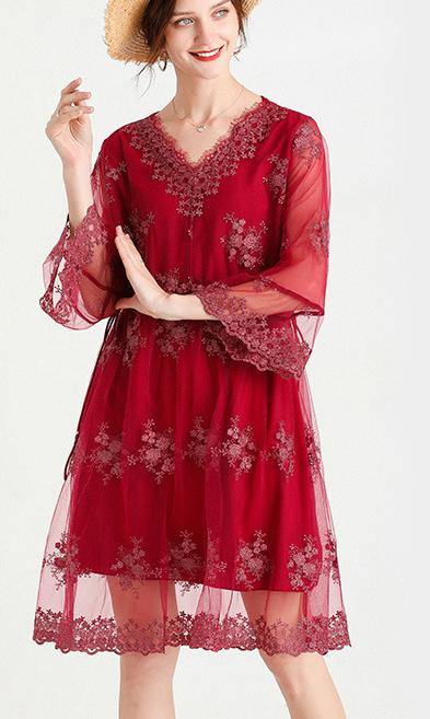 Mulberry V Neck Petal Sleeve Mini Summer Lace Dress