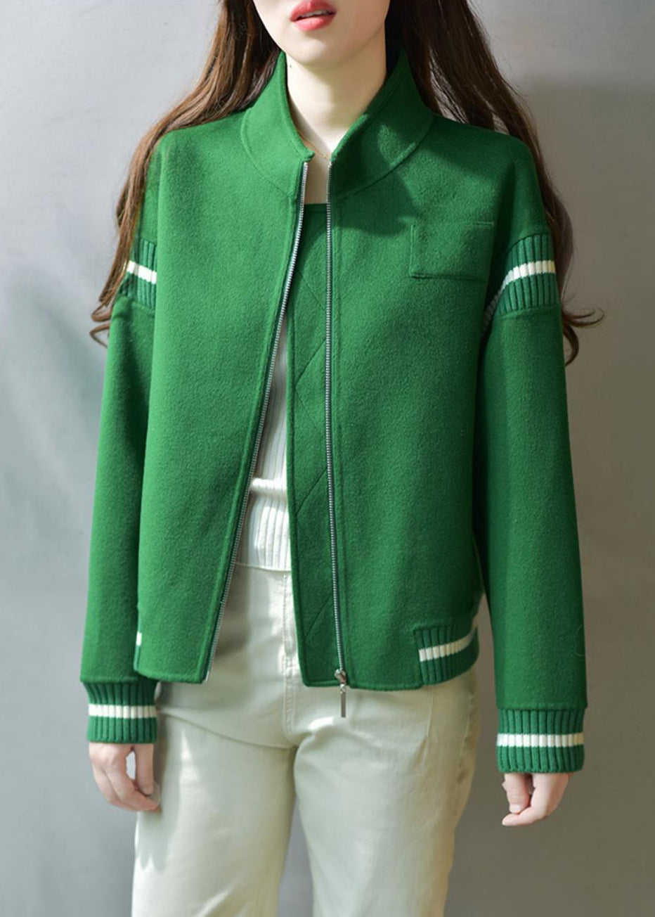 Green Stand Collar Zip Up Patchwork Woolen Coats Fall