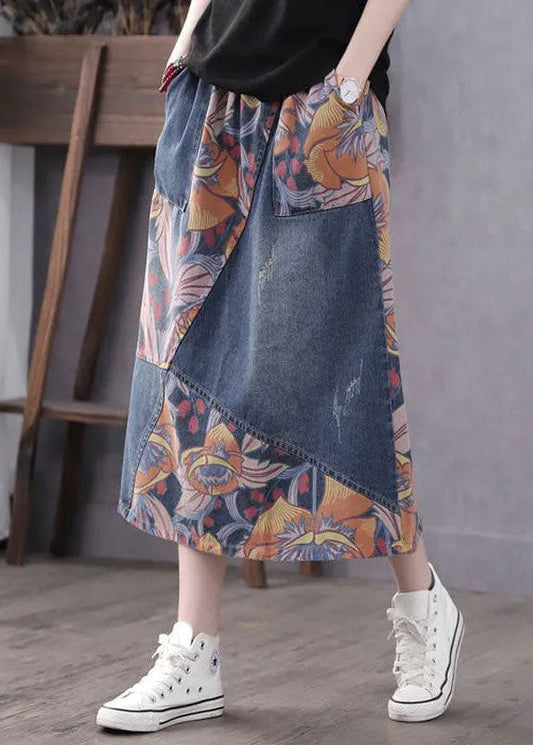 Blue Pockets Patchwork Print a Line Fall Denim Skirts