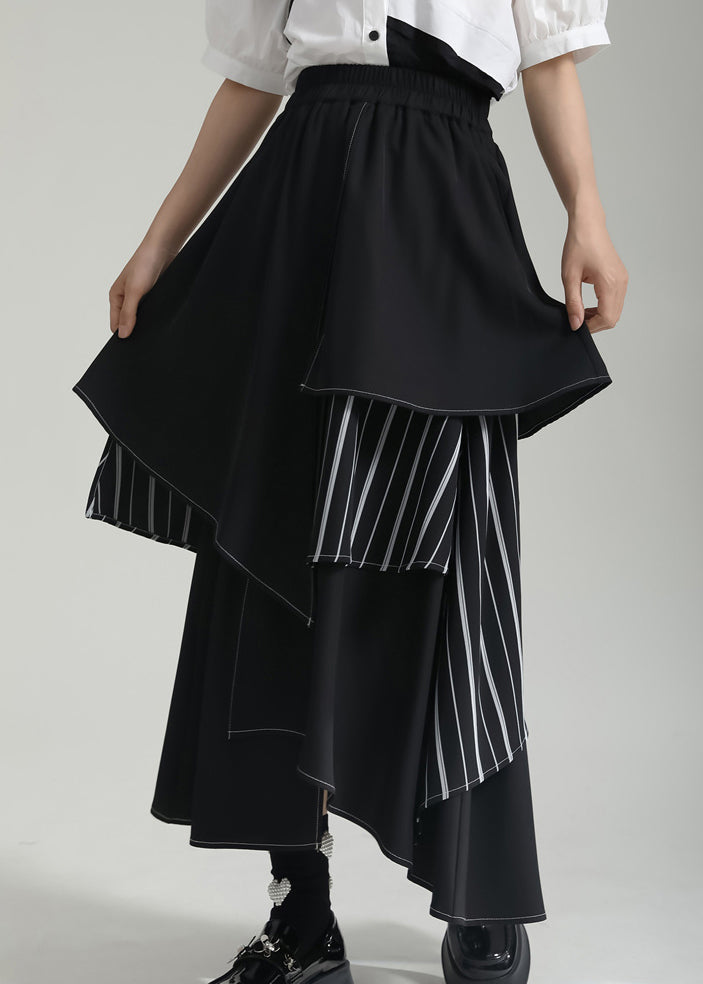 Black Striped Asymmetrical Patchwork Cotton Skirts Summer