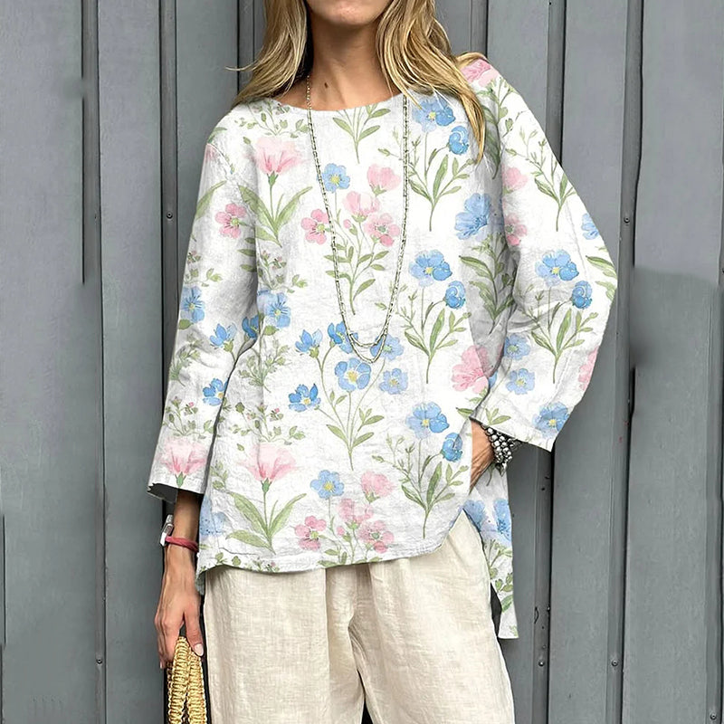 Comstylish Women's Vintage Flowers Art Print Linen T-shirt