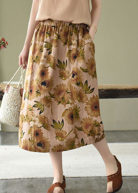 Yellow Print Linen a Line Skirts Pockets Print Summer
