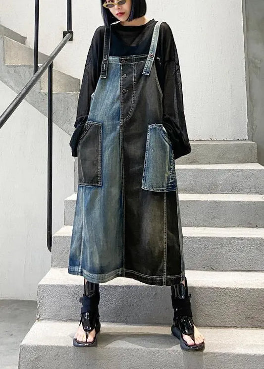 100% Denim Black Cotton Quilting Clothes Sleeveless Pockets Maxi Dresses