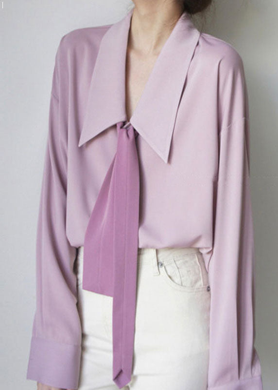 French Pink Bow Chiffon Shirts Long Sleeve