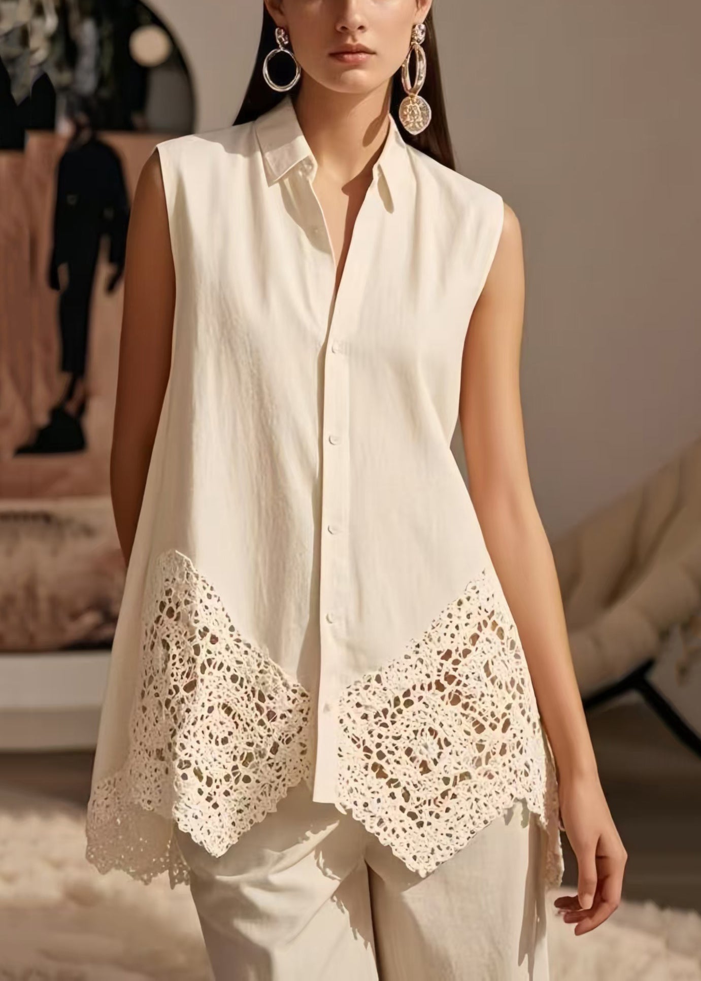 White Lace Patchwork Cotton Shirt Tops Sleeveless