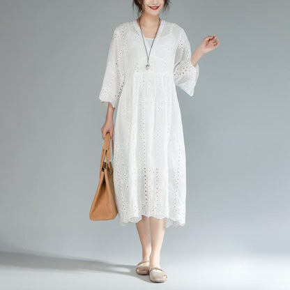 Baggy Cotton Sundress Two Pieces Set V Neck Three Quarter Sleeve White Dress