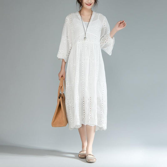 Baggy Cotton Sundress Two Pieces Set V Neck Three Quarter Sleeve White Dress