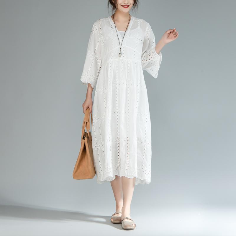 Baggy Cotton Sundress Two Pieces Set V Neck Three Quarter Sleeve White Dress