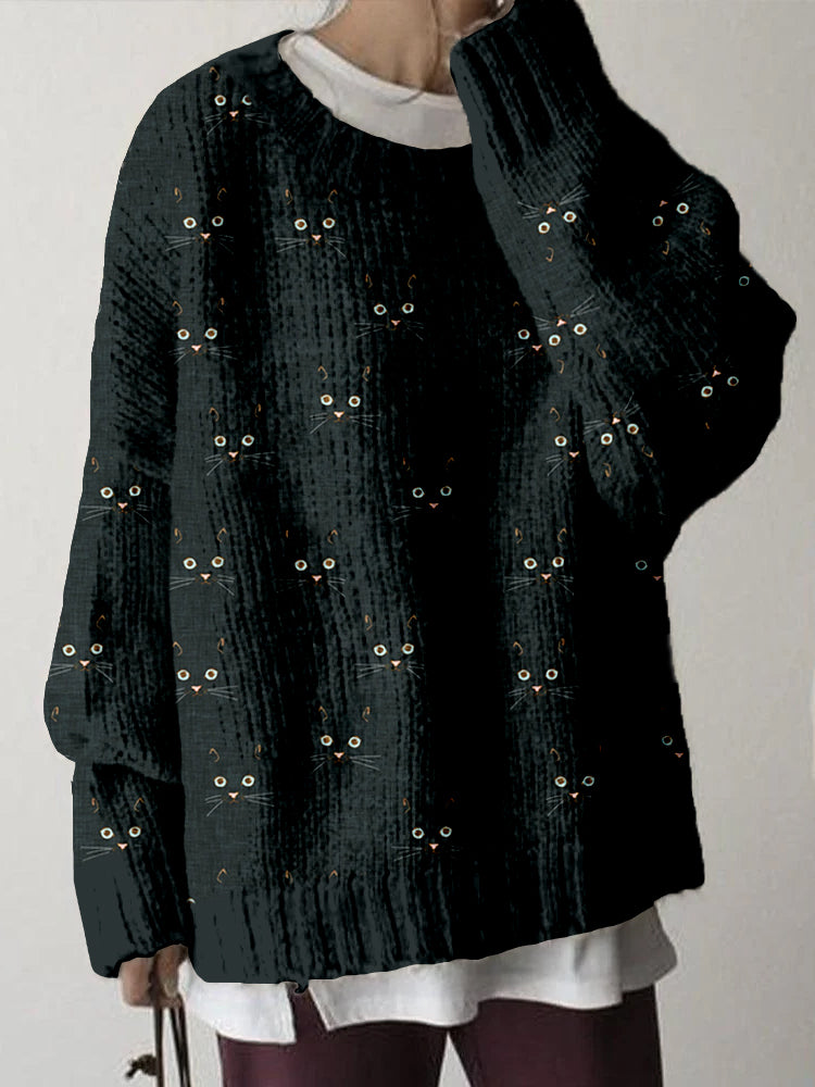 Cute Cat Face Pattern Crew Neck Comfy Sweater elevenforest