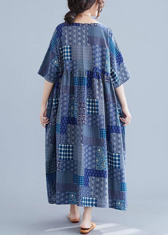 Italian Navy Plaid Linen Cotton Clothes for O Neck Cinched Cotton Dress