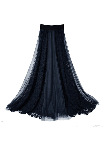 Modern Black High Waist Lace Patchwork Tulle a Line Skirt Spring