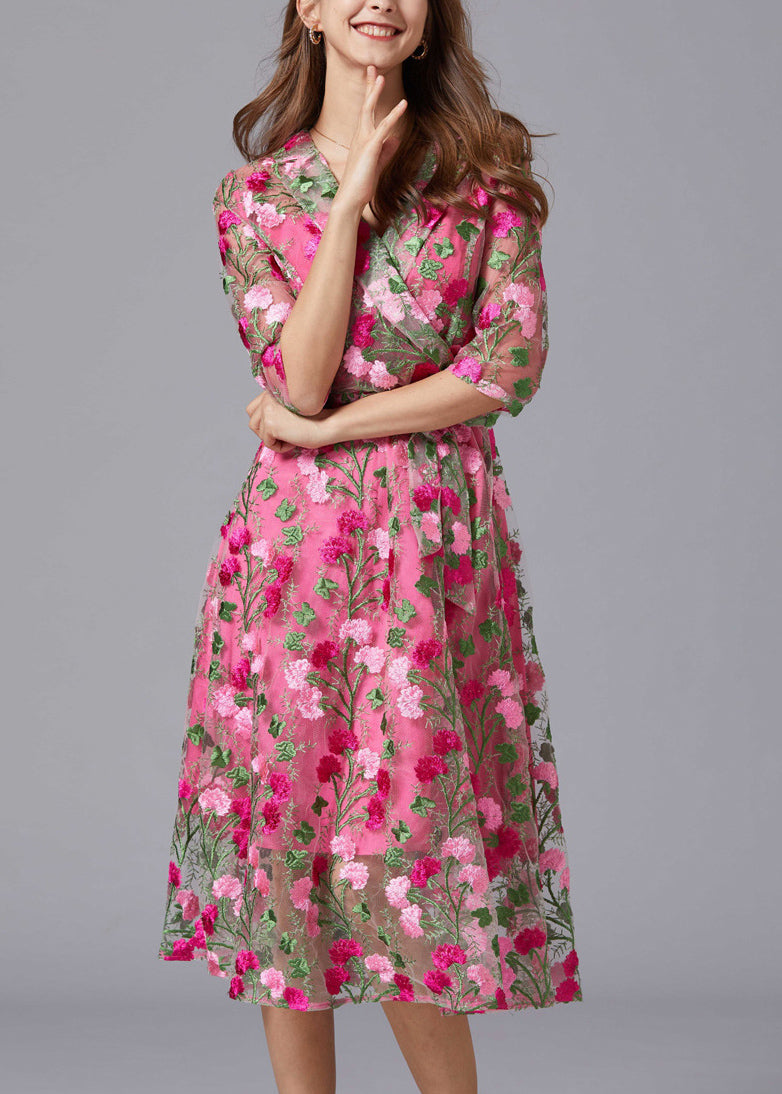 Rose V Neck Embroidered Tie Waist Tulle Mid Dresses Summer