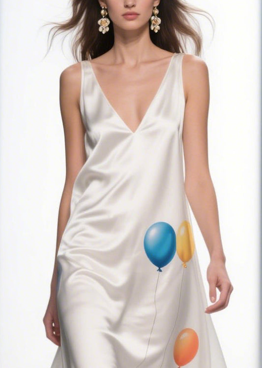 Milk White Ruffled Print Silk Vestidos Dress Summer
