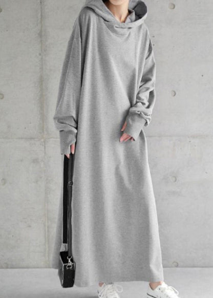 Loose Grey Hooded Cotton Sweatshirt Dress Spring