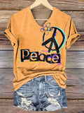 Women's Peace-loving Hippy Art Print V-Neck T-Shirt