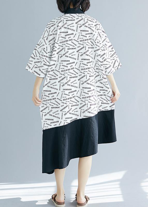French Lapel Patchwork Asymmetric Cotton White Print Dresses Summer
