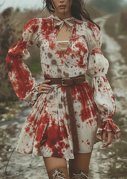 V Neck Tie Dye Pastoral Style Mid Dress Flare Sleeve