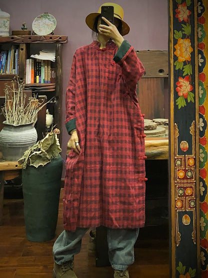 Stand Collar Button Cotton Robe Dress